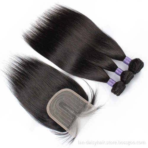 Natural Black hair bundles with closure straight  Brazilian human hair middle part 4x4 closure with T type lace